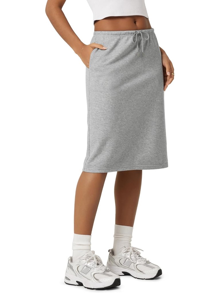 Women's Back Split Knee Length Skirt - Cotton French Terry Drawstring Tie High W